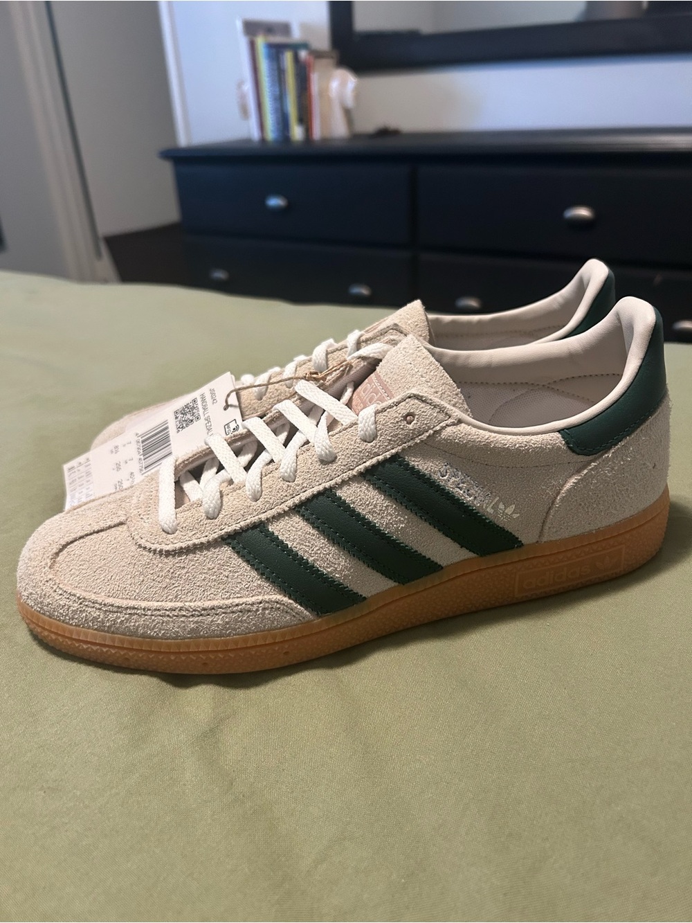 adidas Suede Sneakers in Off-White with Dark Green Stripes and Gum Sole - Picture 6 of 15